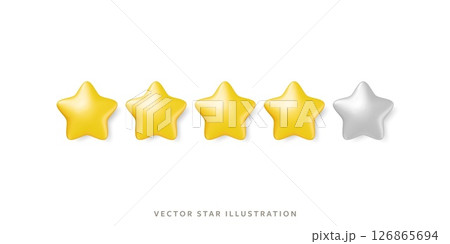 Four glossy gold stars in row for customer review. 3d realistic vector yellow 5 star objects design 126865694