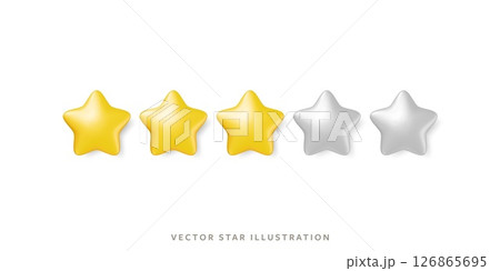 Three glossy gold stars in row for customer review. 3d realistic vector 5 yellow star objects design 126865695