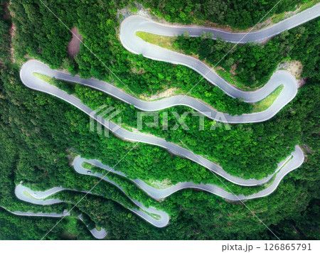 Aerial view of mountain curvy road and green forest in summer 126865791