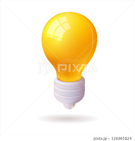 A yellow light bulb floats in the air on a white background in the style of 3D realism, cartoon design, 3D plastic with glossy highlights 126865824