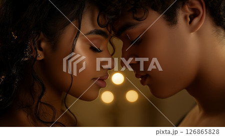 Romantic young couple embracing with eyes closed in warm lighting 126865828