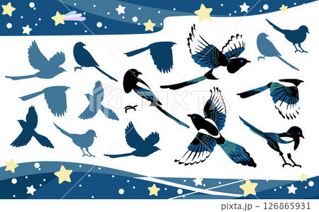 七夕-星空を舞うカササギのイラストセット 126865931