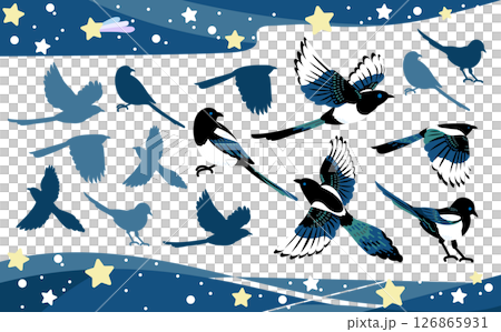 七夕-星空を舞うカササギのイラストセット 126865931