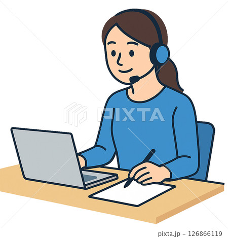 ヘッドセットをつけてオンライン対応する女性イラスト 126866119