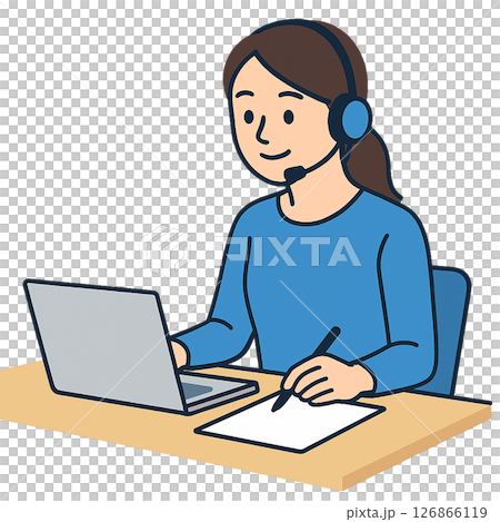 ヘッドセットをつけてオンライン対応する女性イラスト 126866119