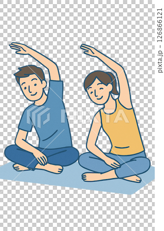 ヨガマットの上でストレッチをする男女のイラスト 126866121