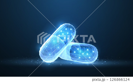 Pills. Abstract 3d polygonal wireframe two capsule pills on blue background with dots and stars. Pills. Abstract 3d polygonal wireframe two capsule pills on blue background with dots and stars. 126866124