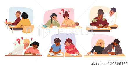 School pupils and university students characters cheating on exam lesson copying classmate answers 126866185