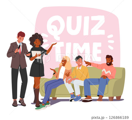 Diverse people playing quiz game taking part in TV talk show program with hosts cartoon scene 126866189