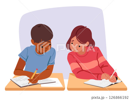 Boy and girl students classmates using cheat sheets in class during examination cartoon scene 126866192