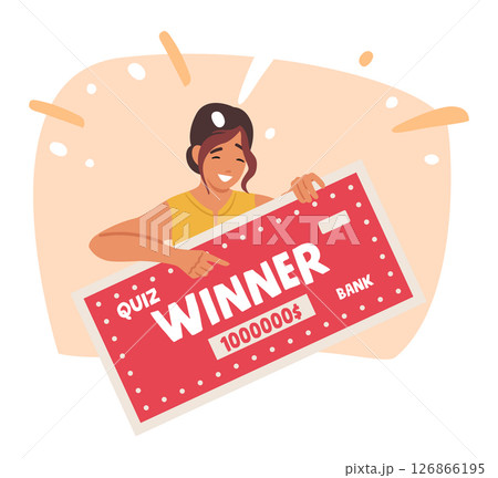 Happy smiling woman cartoon character quiz game winner holding voucher with cash prize award 126866195