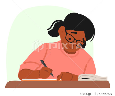 Elementary school nerd girl student cartoon character writing exam looking in cheat of sheets Elementary school nerd girl student cartoon character writing exam looking in cheat of sheets 126866205