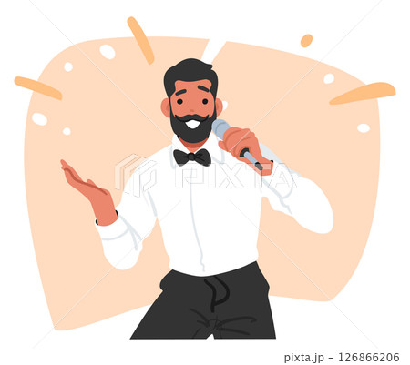 Ecstatic quiz game show host cartoon character wearing suit talking in microphone announcing winner 126866206