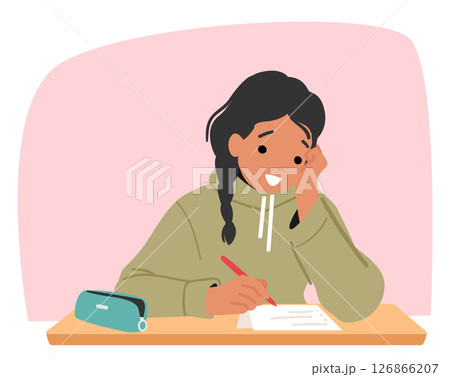 Preteen girl student cartoon character studying writing exam using cheat sheets in class scene Preteen girl student cartoon character studying writing exam using cheat sheets in class scene 126866207