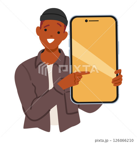 Young guy cartoon character announcing new offer or advertising online event holding smartphone 126866210