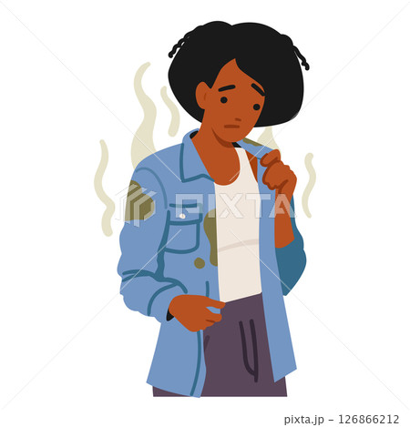Sad woman cartoon character suffering from bad smell from dirty sweaty stink clothes portrait 126866212