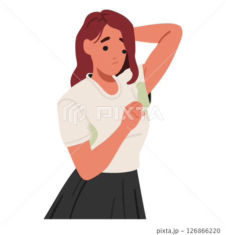 Unhappy woman cartoon character grimacing face feeling bad smell from wet sweaty clothes in armpits Unhappy woman cartoon character grimacing face feeling bad smell from wet sweaty clothes in armpits 126866220