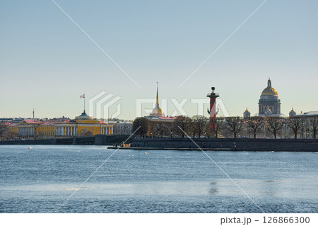 ice drift on the Neva River with a view of the arrow of Vasilyevsky Island with rostral columns, the Winter Palace, St. Isaac's Cathedral, the Savior on Spilled Blood ice drift on the Neva River with a view of the arrow of Vasilyevsky Island with rostral columns, the Winter Palace, St. Isaac's Cathedral, the Savior on Spilled Blood 126866300