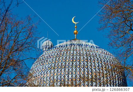 The blue dome with the golden crescent of the mosque in St.Petersburg - Russia through the branches of trees on a clear spring day The blue dome with the golden crescent of the mosque in St.Petersburg - Russia through the branches of trees on a clear spring day 126866307