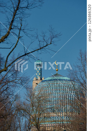 The blue dome with the golden crescent of the mosque in St.Petersburg - Russia through the branches of trees on a clear spring day 126866320
