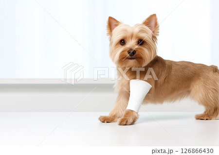Yorkshire Terrier dog with bandaged paw on a table is adorable and a friendly companion pet photo Yorkshire Terrier dog with bandaged paw on a table is adorable and a friendly companion pet photo 126866430