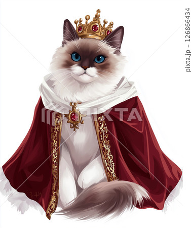Majestic Ragdoll Cat in Regal Crown and Rich Costume - Royal Feline Portrait with Elegant Fur Majestic Ragdoll Cat in Regal Crown and Rich Costume - Royal Feline Portrait with Elegant Fur 126866434
