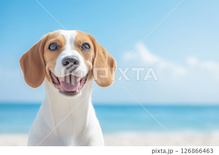 Adorable Beagle Puppy Smiling at the Beach with Ocean and Blue Sky on a Sunny Day Adorable Beagle Puppy Smiling at the Beach with Ocean and Blue Sky on a Sunny Day 126866463