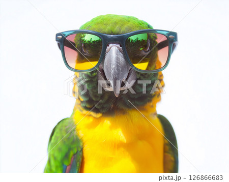 Parrot with glasses, green and yellow bird in tropical closeup with vibrant feathers Parrot with glasses, green and yellow bird in tropical closeup with vibrant feathers 126866683