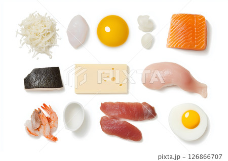 Salmon and egg sushi with seafood, cheese, and rice ingredients for gourmet cooking Salmon and egg sushi with seafood, cheese, and rice ingredients for gourmet cooking 126866707