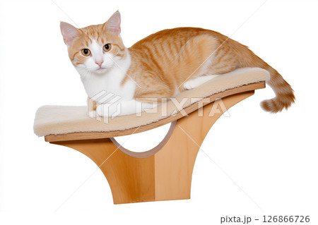 Abyssinian, cat, and feline on perch: adorable companion with fur, whiskers, and tail indoors 126866726