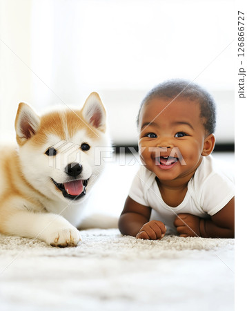 Smiling baby and Akita puppy enjoying playtime and friendship at home 126866727
