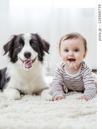Border Collie and baby play joyfully, showcasing companionship and adorable smiles on a carpet Border Collie and baby play joyfully, showcasing companionship and adorable smiles on a carpet 126866739