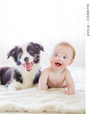 Adorable border collie and baby smile happily on a fluffy blanket, cute playful moment captured. 126866740