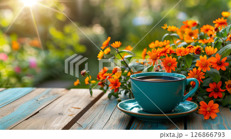 Blue ceramic coffee cup with saucer stands on wooden table near orange flowers. Peaceful and relaxing scene, summer breakfast in the garden Blue ceramic coffee cup with saucer stands on wooden table near orange flowers. Peaceful and relaxing scene, summer breakfast in the garden 126866793