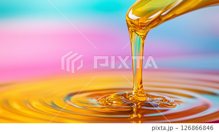 Golden liquid flowing smoothly against a vibrant pastel background, evoking the rich texture of honey or oil. Great for food, beauty, and artistic design themes Golden liquid flowing smoothly against a vibrant pastel background, evoking the rich texture of honey or oil. Great for food, beauty, and artistic design themes 126866846