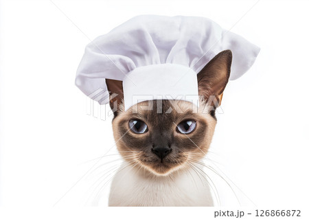 Siamese kitten wearing a chef hat with adorable whiskers and cute blue eyes, perfect pet portrait 126866872