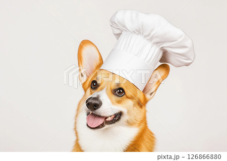 Adorable corgi dog wearing a chef hat and smiling, cute pet portrait with a charming expression 126866880