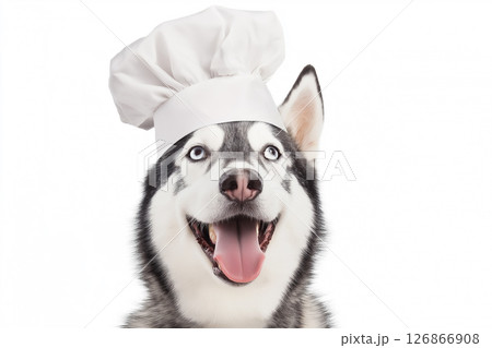 Funny Husky dog wearing chef hat portrait with happy smile and cute eyes 126866908