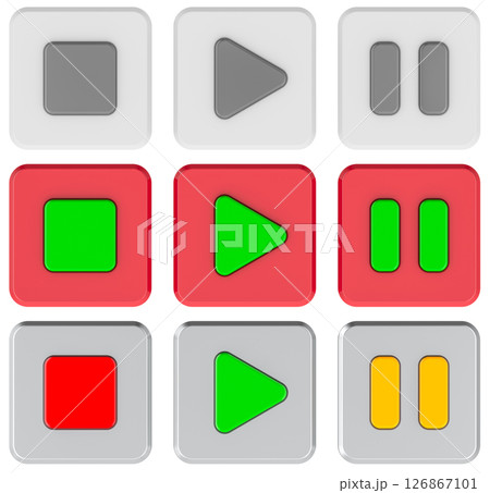 Media control buttons set in different colors. 3D rendering 126867101