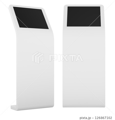 Modern blank self-service kiosk terminal mockup, white display stand. 3D rendering 126867102