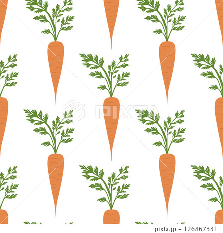 Vector Carrot Seamless Pattern. Hand Drawn Carrot with Leaves. Vegetable Background with Organic Carrot Texture. Cute Carrot Repeat for Fabric, Kids Print, Packaging, Eco Product, Vegan Design 126867331