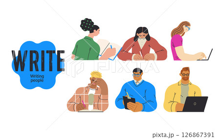 Writing people, modern flat vector concept illustrations set people writing on paper or device. Metaphor for reflection, insight, contemplation, creative expression 126867391