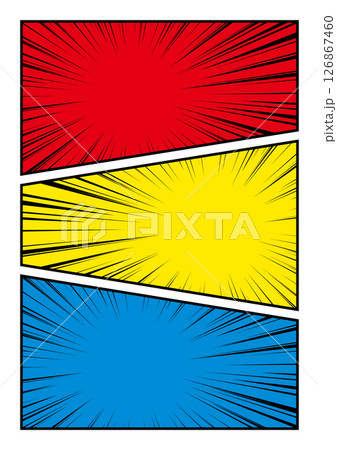 アメコミ風 漫画 三分割 赤 黄色 青 集中線 フレーム アメコミ風 漫画 三分割 赤 黄色 青 集中線 フレーム 126867460