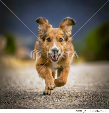 A cute small furry dog running towards you 126867525