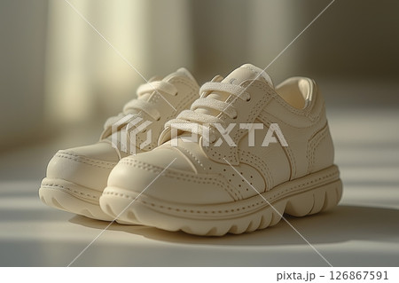 Light spills over stylish cream sneakers or baby shoes on tiled floor Light spills over stylish cream sneakers or baby shoes on tiled floor 126867591