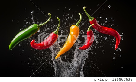 Flying chili peppers captured in freeze motion against black background 126867635