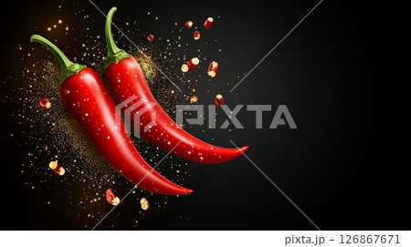 Dynamic freeze motion of flying two 2 chili peppers on a black background 126867671