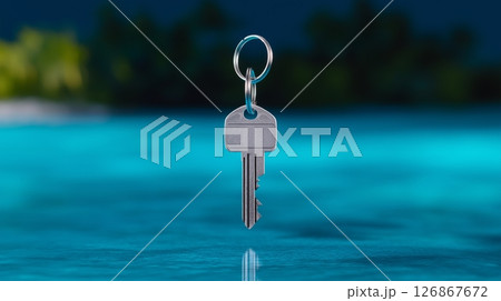 Key resting above calm water surface reflecting serene surroundings 126867672