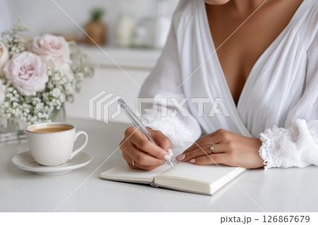 Focused Young Woman Taking Notes, Morning Study Session with Coffee in Kitchen 126867679