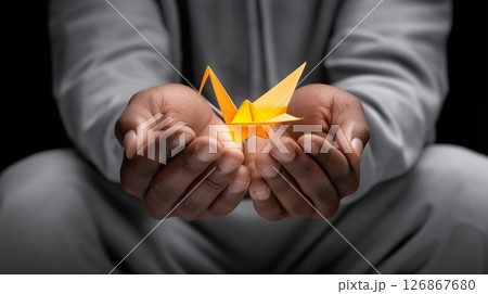 Transformation Through Learning, Adult Hands Releasing Glowing Origami Crane 126867680